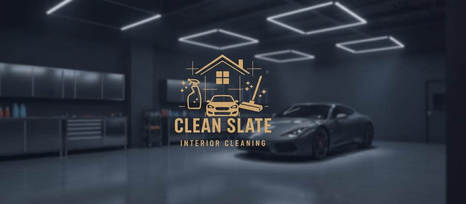 Cleanslate Interiors branded artwork — a sports car in a dark detailing garage